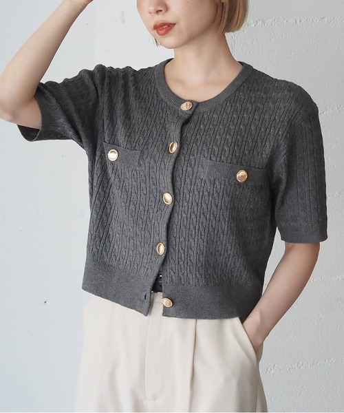 tiptop（ティップトップ） カーディガン 金釦半袖ケーブルカーディガン