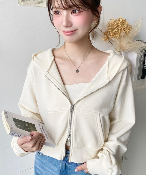 moment+ パーカー ダブルジップショートパーカー レディース