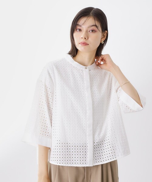 THE SHOP TK ブラウス シャツ 5分袖レース刺繍コットンシャツ