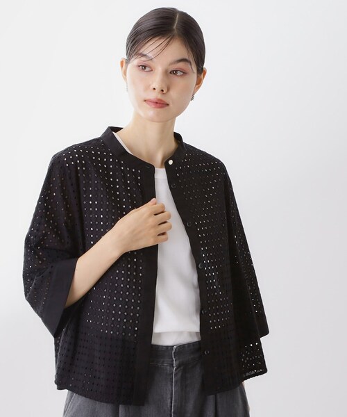 THE SHOP TK ブラウス シャツ 5分袖レース刺繍コットンシャツ