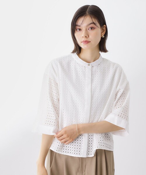 THE SHOP TK ブラウス シャツ 5分袖レース刺繍コットンシャツ