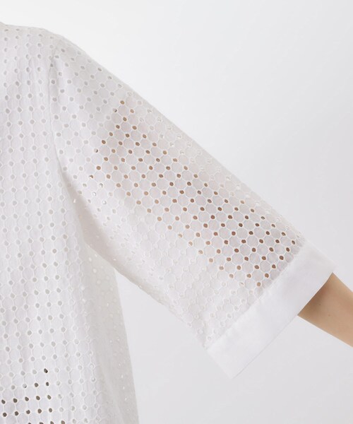 THE SHOP TK ブラウス シャツ 5分袖レース刺繍コットンシャツ 