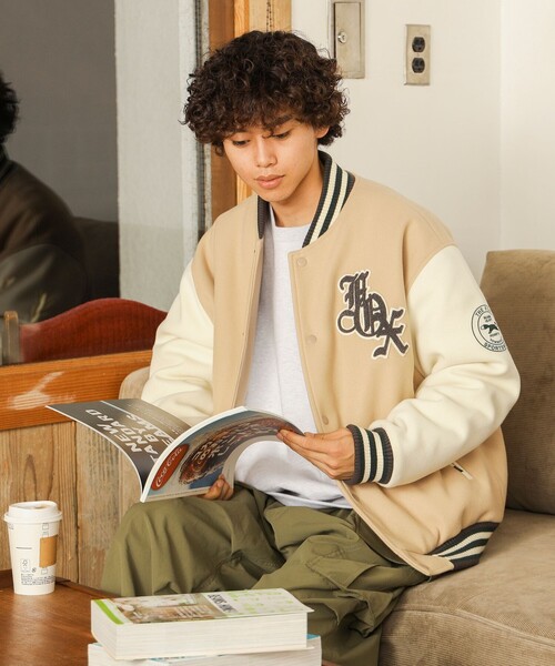 90s LEVI'S スタジャン ネイビー/ベージュ JUSTBIGI】90sジャストビギ デコスタジャン サガラ立体ワッペン刺繍