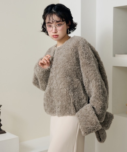 ブルゾン アウター boa muffler zip up blouson /ノーカラーボア