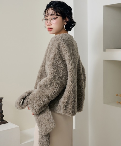 ブルゾン アウター boa muffler zip up blouson /ノーカラーボア