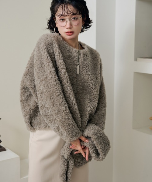 ブルゾン アウター boa muffler zip up blouson /ノーカラーボア