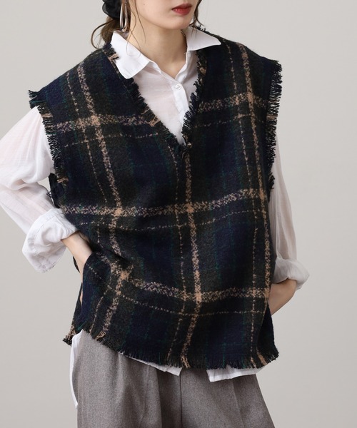 ベスト ジレ 起毛オンブレチェック フリンジベスト セットアップ可