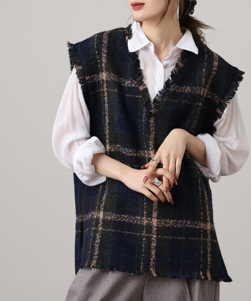 ベスト ジレ 起毛オンブレチェック フリンジベスト セットアップ可
