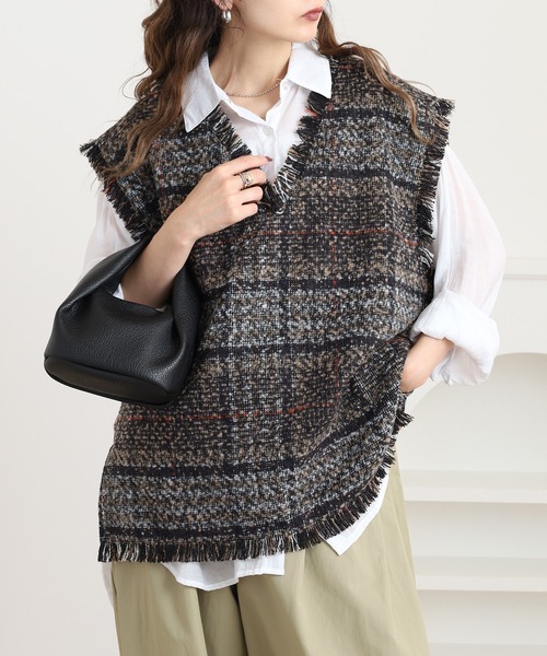 ベスト ジレ 起毛オンブレチェック フリンジベスト セットアップ可