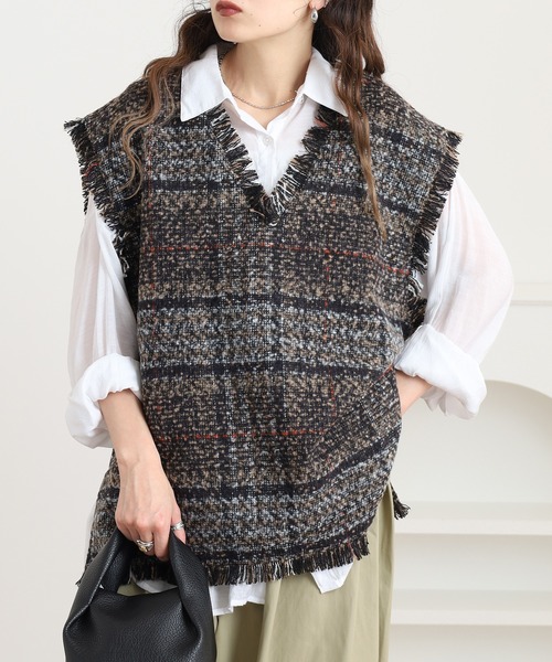 ベスト ジレ 起毛オンブレチェック フリンジベスト セットアップ可
