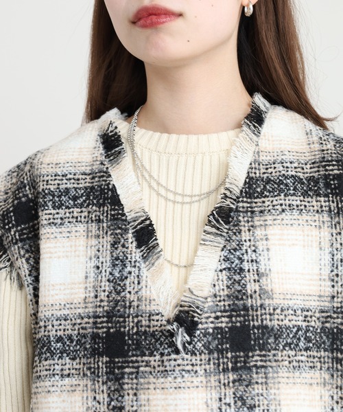 ベスト ジレ 起毛オンブレチェック フリンジベスト セットアップ可