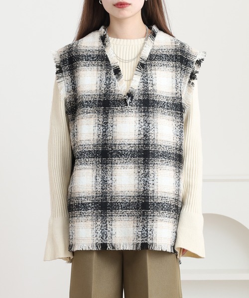 ベスト ジレ 起毛オンブレチェック フリンジベスト セットアップ可