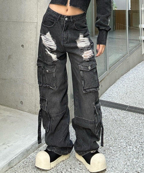 KsG パンツ ダメージポケットカーゴデニム レディース メンズ