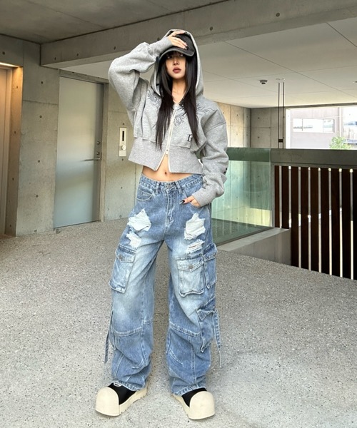 KsG カーゴパンツ ダメージポケットカーゴデニム レディース メンズ