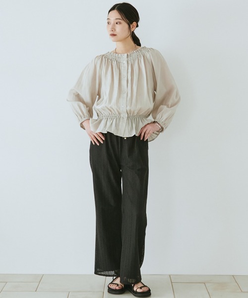 ワイドパンツ パンツ クロシェ風レースイージーパンツ レディースの画像