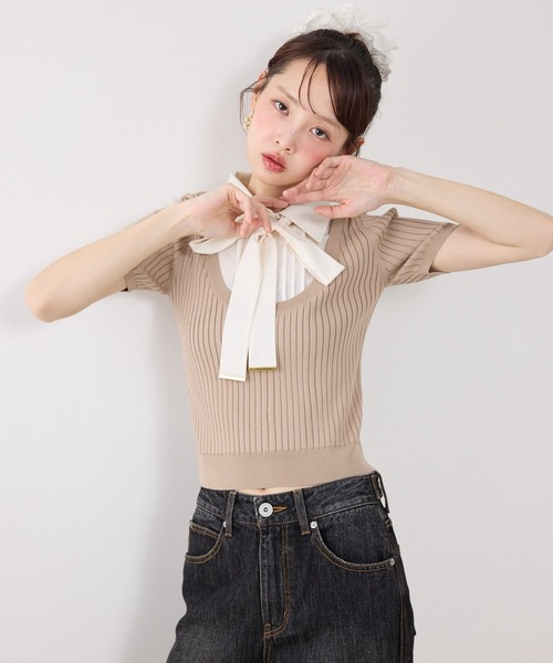 ニット セーター シャツドッキングハーフスリーブニットトップス 春服 夏服 レディースの画像