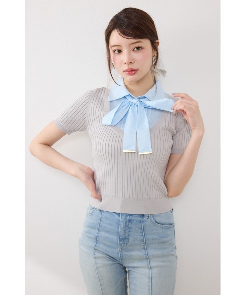 ニット セーター シャツドッキングハーフスリーブニットトップス 春服 夏服 レディースの画像