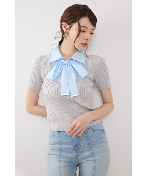 ニット セーター シャツドッキングハーフスリーブニットトップス 春服 夏服 レディースの画像