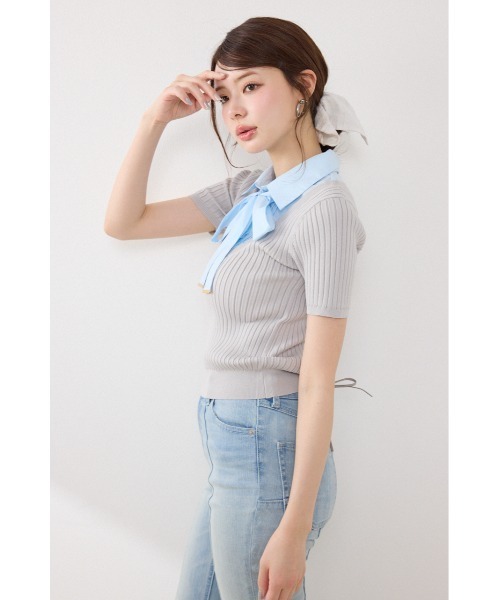 ニット セーター シャツドッキングハーフスリーブニットトップス 春服 夏服 レディースの画像