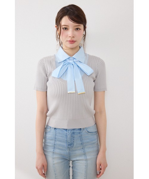 ニット セーター シャツドッキングハーフスリーブニットトップス 春服 夏服 レディースの画像