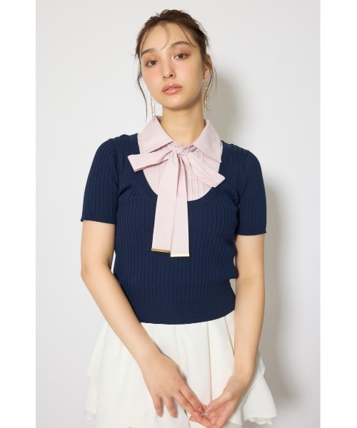 ニット セーター シャツドッキングハーフスリーブニットトップス 春服 夏服 レディースの画像
