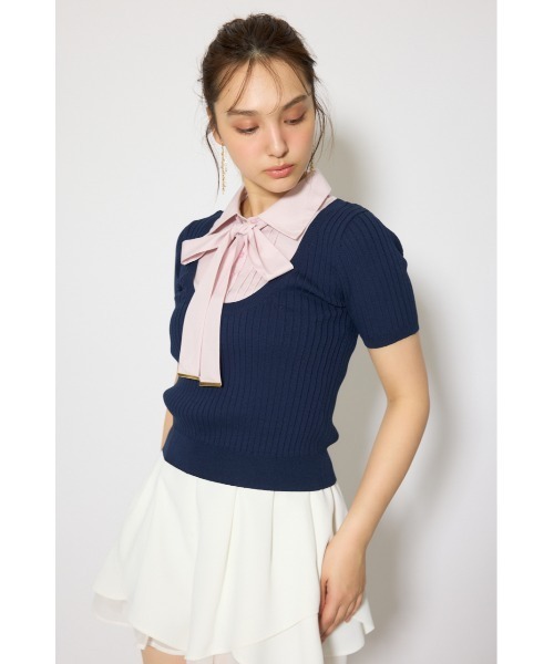 ニット セーター シャツドッキングハーフスリーブニットトップス 春服 夏服 レディースの画像