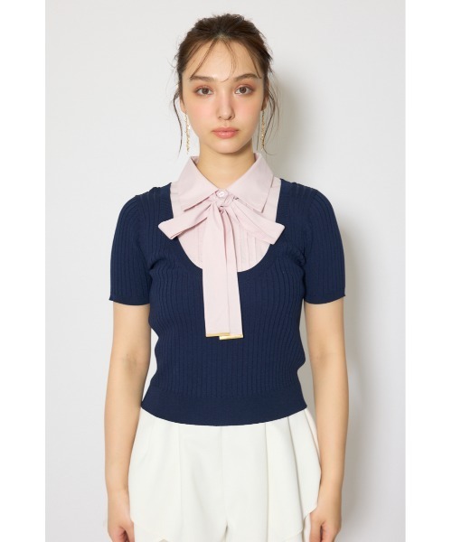 ニット セーター シャツドッキングハーフスリーブニットトップス 春服 夏服 レディースの画像