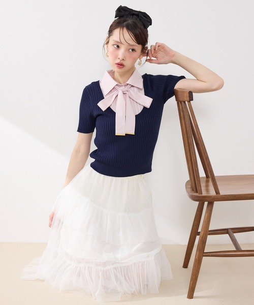 ニット セーター シャツドッキングハーフスリーブニットトップス 春服 夏服 レディースの画像