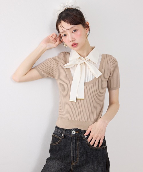 ニット セーター シャツドッキングハーフスリーブニットトップス 春服 夏服 レディースの画像