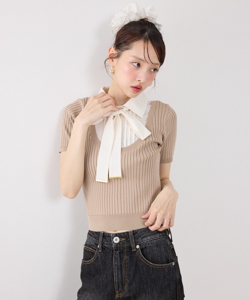 ニット セーター シャツドッキングハーフスリーブニットトップス 春服 夏服 レディースの画像