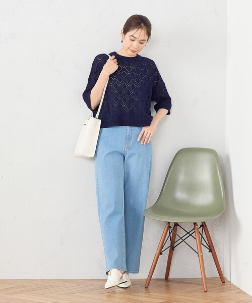 「COMME CA ISM」 半袖ニット FREE ネイビー レディース_画像5