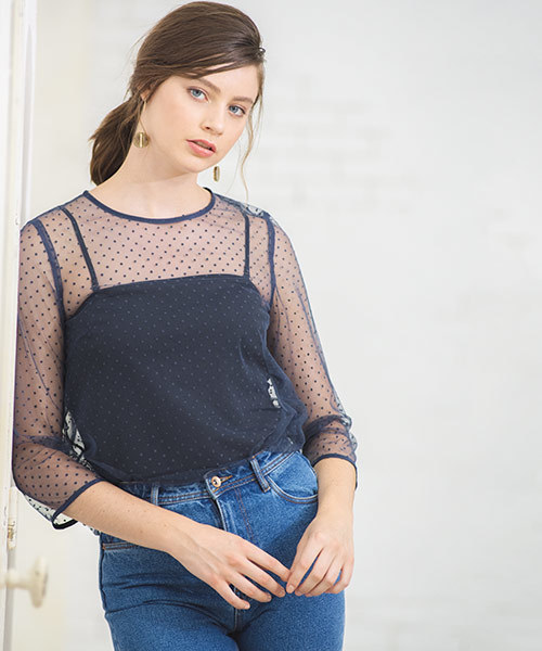 美品 SHE Tokyo シートーキョー ブラウス ネイビー系 1(M) 23春夏 7分袖 シアー ドット柄 パフスリーブ トップス カットソー 日本製 フェミニン 大人 きれいめ 上品【レディース】【中古】 2324551756.jpg?1752379218