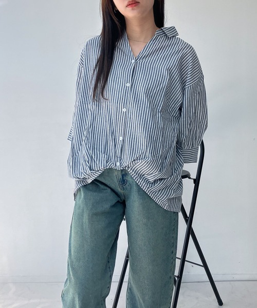 新品未使用✨3QSKIPPER SHIRT綿麻7分袖 スキッパーシャツ 綿麻素材 7分袖 スキッパーシャツ ネイビー - メルカリ