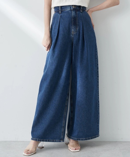 ★  Jeans★ ワイドデニム 青 レディース エコ素材 楽天市場】異素材切り替え デニム ワイドパンツ レディース 春夏