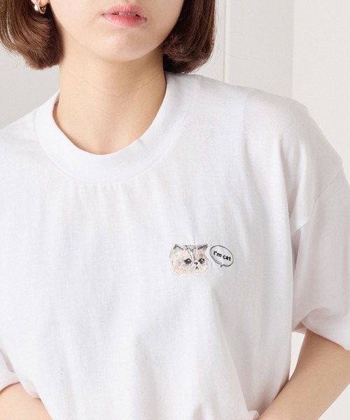 tシャツ 「I'm cat」ワンポイント猫刺繍Tシャツ ネコTシャツ