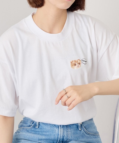 ✩美品✩ミスエディ　ストライプ柄 猫イラスト 半袖Tシャツ tシャツ 半袖 「I'm cat」ワンポイント猫刺繍Tシャツ ネコTシャツ