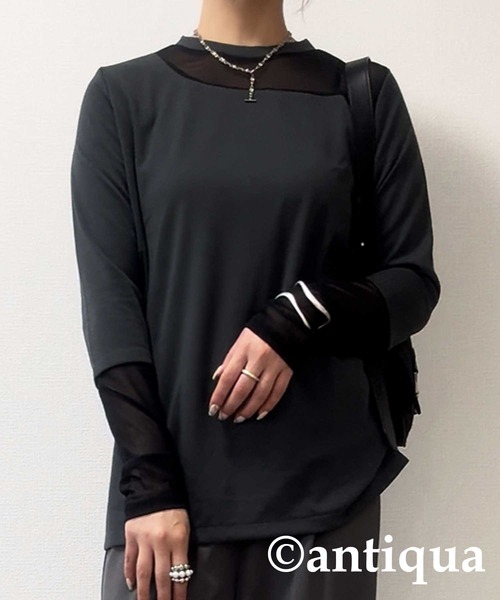 【タグ付き】背中レース切替長袖シアーシャツブラック antiqua（アンティカ） tシャツ シアー切り替え 長袖 ロンT レディース