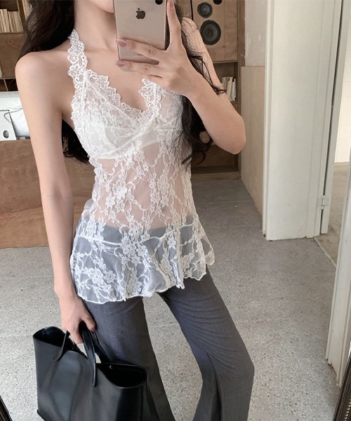 18KAREN MILLEN 日本未入荷 ホルターネックプリーツマキシ セール】 メッシュホイルプリント ホルターネックトップス