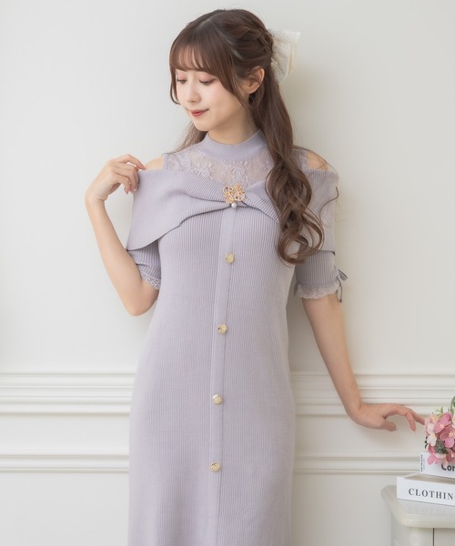 クチュールバイロジータ ワンピース 肩開きツイストリボンニット