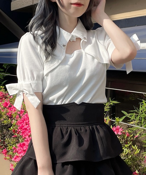 定価４万★フランス製★イネス★女性らしい襟開きＴシャツ白コンパクトリブInese abc une face tシャツ 白襟テレコトップス レディース
