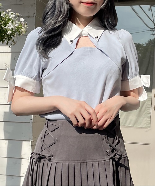abc une face tシャツ 白襟テレコトップス レディース