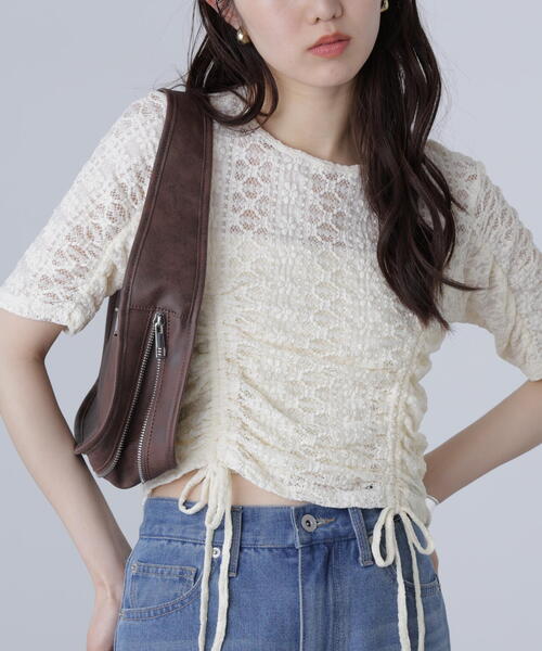 tシャツ ストレッチレースドロストトップス レディース