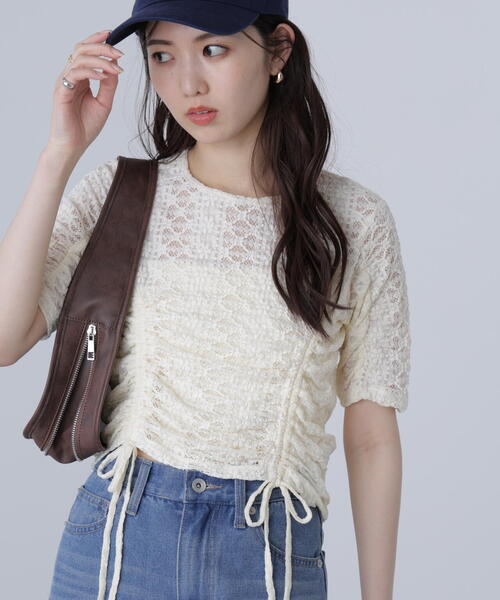 tシャツ ストレッチレーストップス レディース LADY LIKE tシャツ ストレッチレースショート丈シアートップス