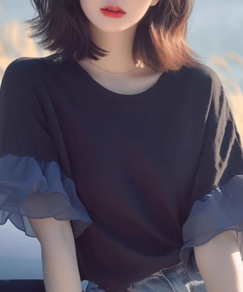tシャツ シアーフリルスリーブ切替Tシャツ レディース