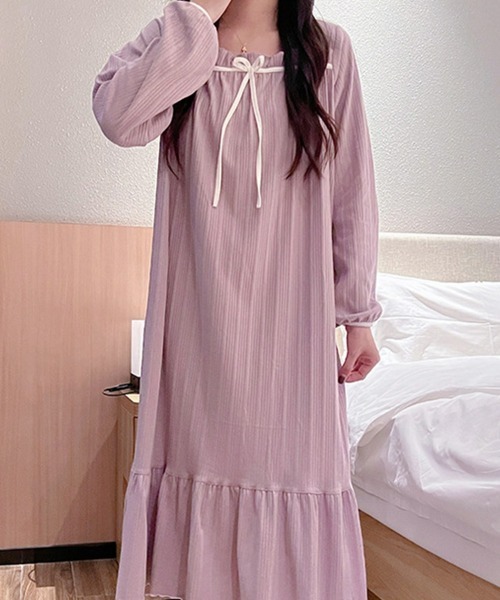 SEU パジャマ ルームウェア リボン付き長袖ロングワンピース ルーム