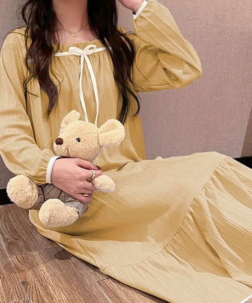 SEU パジャマ ルームウェア リボン付き長袖ロングワンピース ルーム