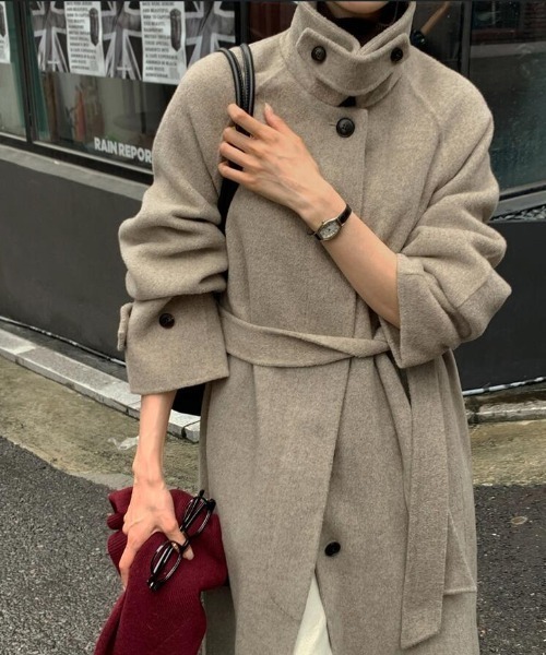 コート アウター スタンドカラーベルト付きロングコート レディース