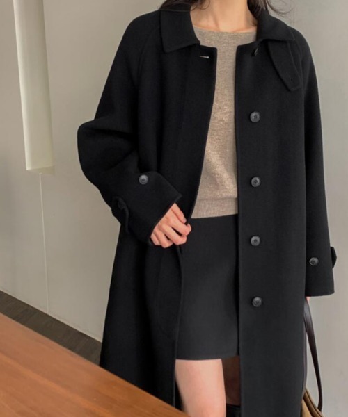 コート アウター スタンドカラーベルト付きロングコート レディース