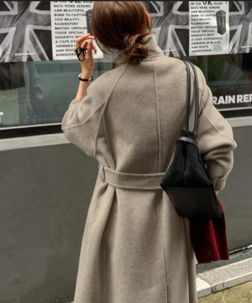 ポンチョ　コート　スタンドカラーベルト付き コート アウター スタンドカラーベルト付きロングコート レディース