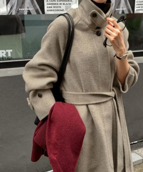 コート アウター スタンドカラーベルト付きロングコート レディース